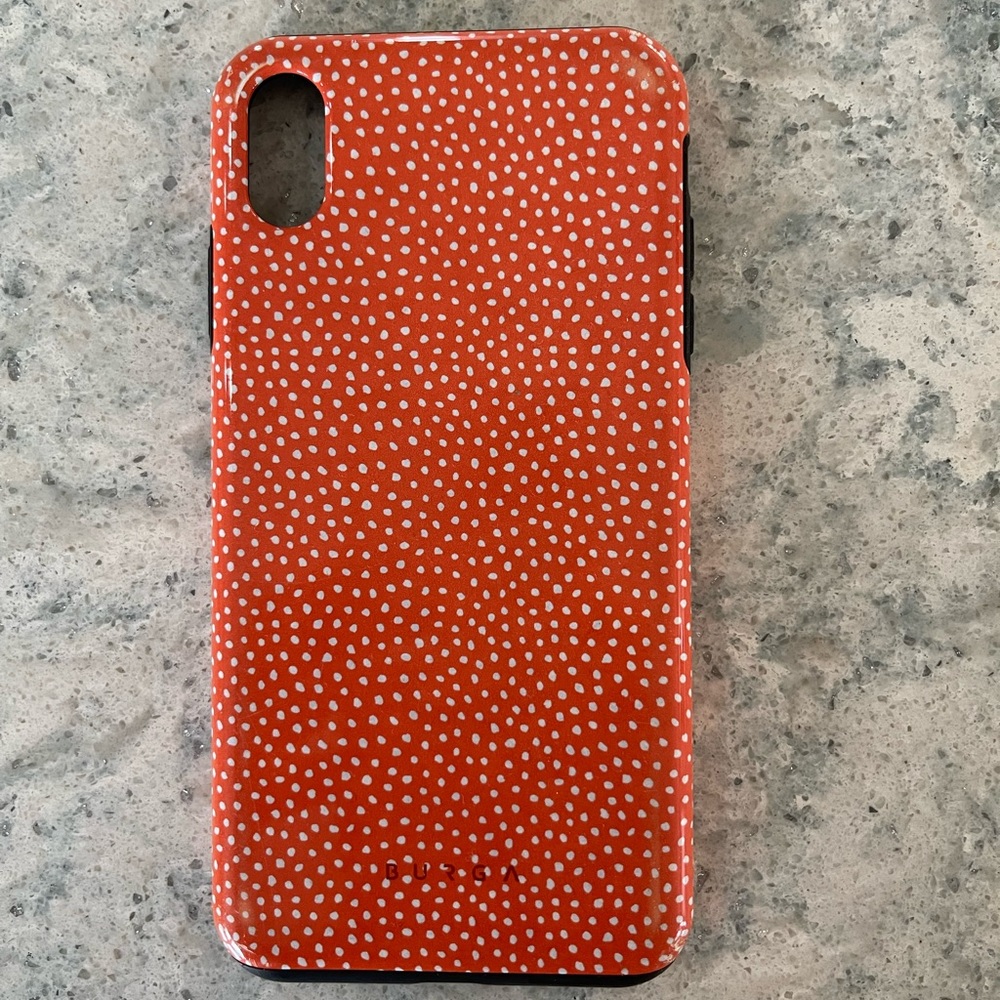 XS Max iPhone case - Burga - burnt orange with white polka dots/black trim